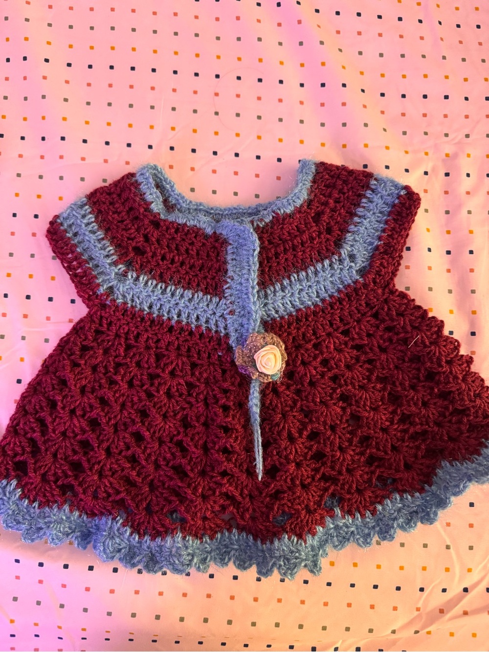 Handcrafted Burgundy & blue Crochet Baby Dress with Flower Accent